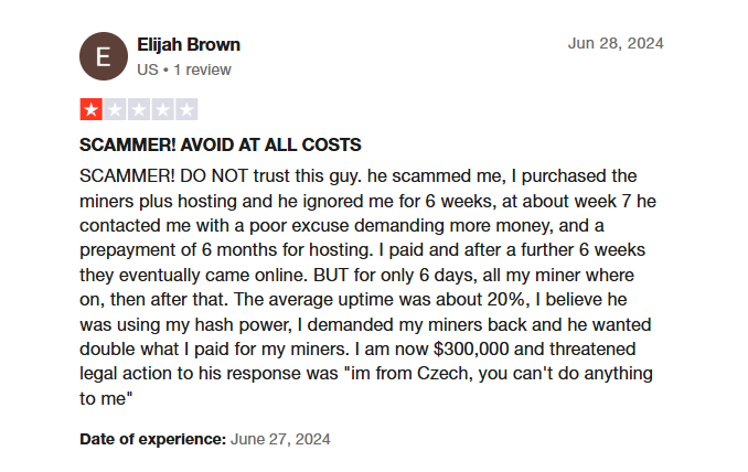 Oneminers Trustpilot review 2