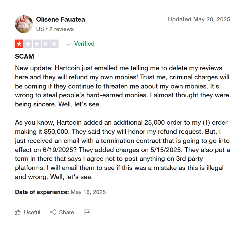Hartcoin verifoed 1-star reviews on Trustpilot updated