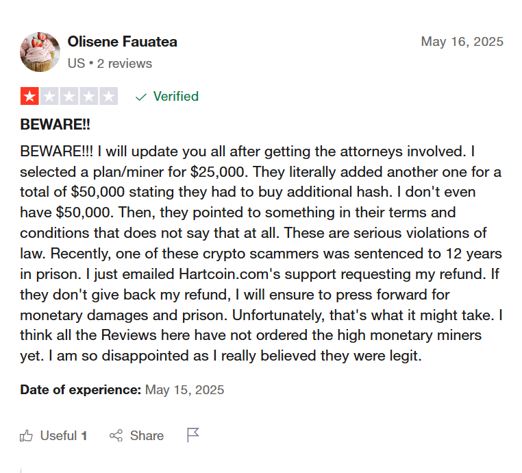 Hartcoin 1-star reviews on Trustpilot