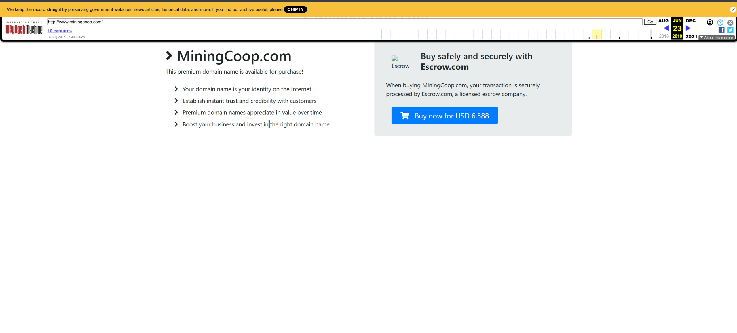 MiningCoop.com domain on hugedomain Escrow 2019