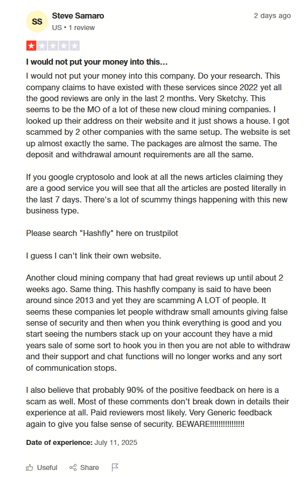 Cryptosolo.com Trustpilot Review